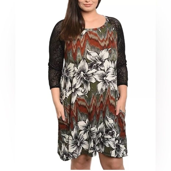 Women’s Plus Size Earth Tone Floral Trapeze Flowy Dress Lace Sleeve‎ Pockets 3X - Picture 1 of 11